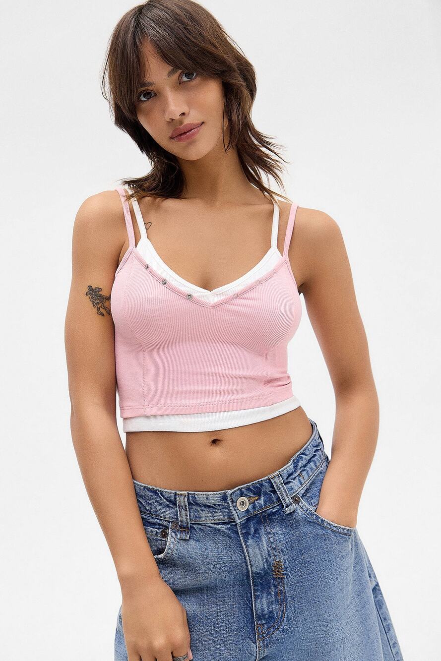 NWT Urban Outfitters BDG Brooke Pink Double Layer Stretchy Ribbed Tank S Y2K